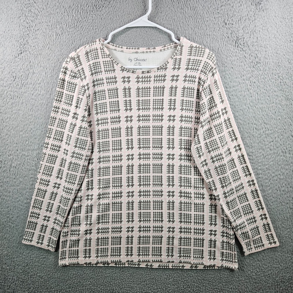 Chico's Top Women Size 3 Stretch Long Sleeve Geometric Print Pink Brown White